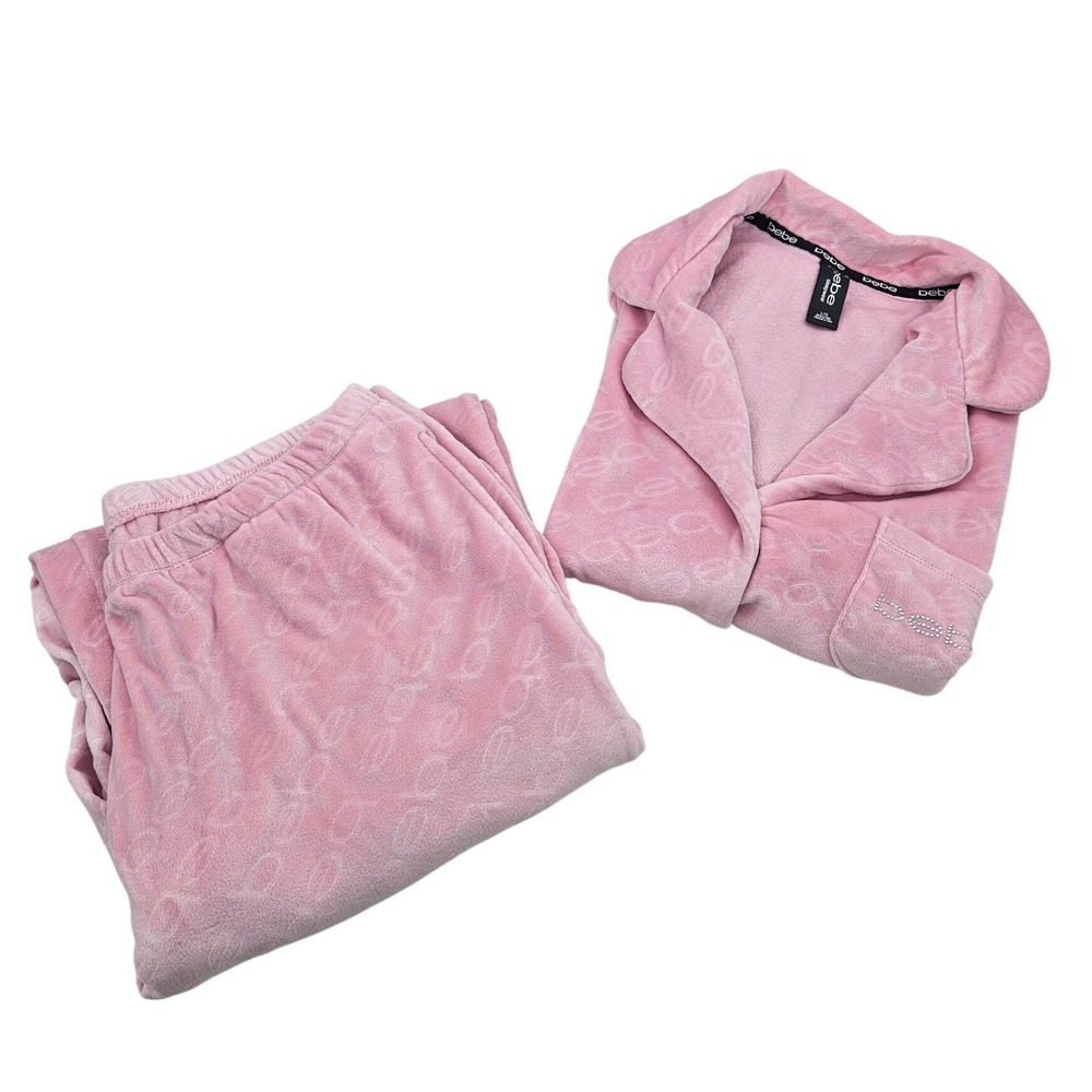 Bebe Sleepwear Pink Velour Pajama Set Short Sleeve Pants Rhinestone Logo Large
